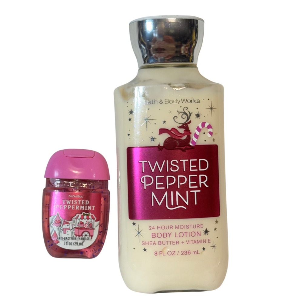 Bath & Body Works Lotion & Sanitizer Set 8oz/1oz Pink Twisted Peppermint Bundle